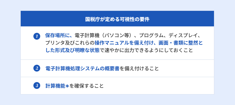 電子帳簿保存法で国税庁が定める可視性の要件について表で説明する画像