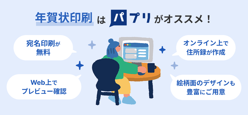 パプリの年賀状印刷の魅力である[宛名印刷が無料][オンライン上で住所録が作成][実際の仕上がりデザインをWeb上でプレビュー確認][豊富なデザインから簡単に注文できる]を説明する画像