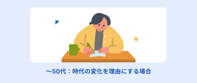 年賀状じまいのご挨拶文章例である[～50代：時代の変化を理由にする場合]についてイラストを用いて説明する画像