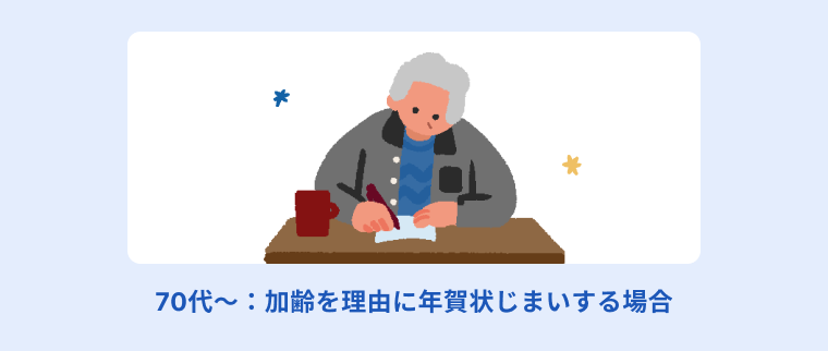 年賀状じまいのご挨拶文章例である[70代～：加齢を理由に年賀状じまいする場合]についてイラストを用いて説明する画像